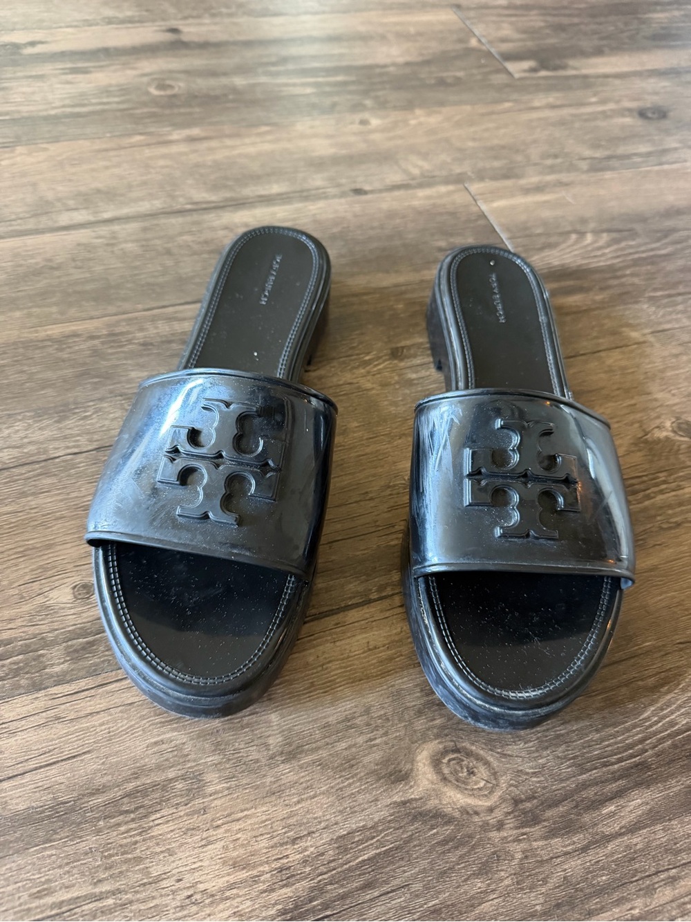 Tory Burch Black Patent Logo Slide Mules